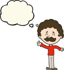 cartoon man with mustache waving with thought bubble