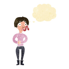 cartoon woman with snake tongue with thought bubble