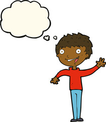cartoon happy boy waving with thought bubble