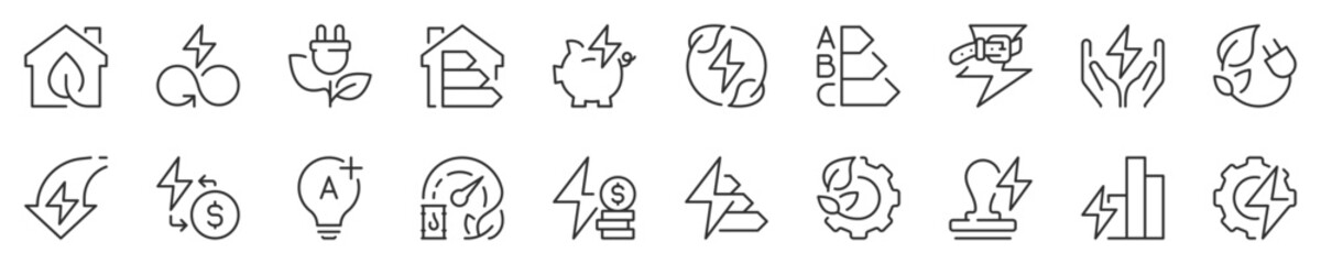 Line icons about energy efficiency and saving. Sustainable development. Thin line icon set. Symbol collection in transparent background. Editable vector stroke. 512x512 Pixel Perfect.