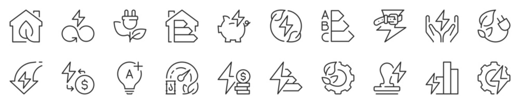 Line Icons About Energy Efficiency And Saving. Sustainable Development. Thin Line Icon Set. Symbol Collection In Transparent Background. Editable Vector Stroke. 512x512 Pixel Perfect.