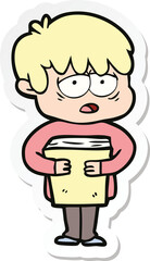 Fototapeta premium sticker of a cartoon exhausted boy holding book