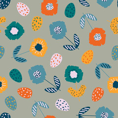 Seamless pattern with flowers and eggs, spring, easter theme, vector