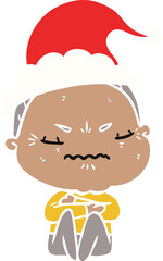 flat color illustration of a annoyed old lady wearing santa hat