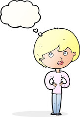 cartoon woman making Who Me? gesture with thought bubble