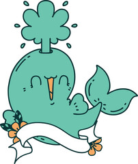 banner with tattoo style happy squirting whale character