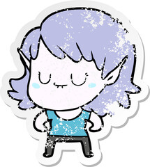 distressed sticker of a happy cartoon elf girl