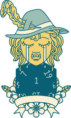 crying orc bard character with natural one D20 roll illustration