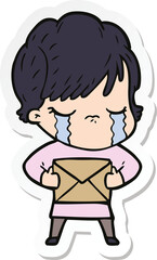 sticker of a cartoon woman crying