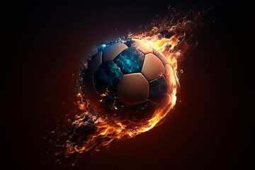 Fototapeta na wymiar A soccer ball frying in the air, with a blazing trail of fire in the background, high flight speed and smoke on a black background. Generative AI