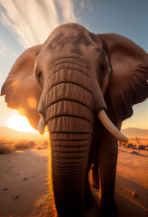 Fototapeta na wymiar A huge elephant looks at the camera and takes a selfie in nature. AI Generated
