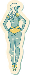 distressed sticker tattoo style icon of a pinup swimsuit girl