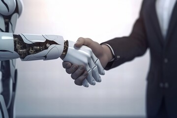 Artificial intelligence (AI) in action: humanoid robot shaking hands with human in professional office setting, machine learning, futuristic technology