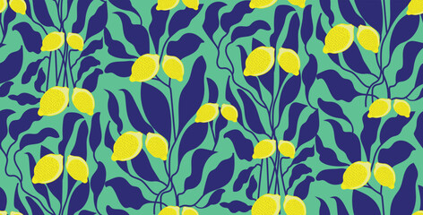 Matisse Art. Lemon with blue leaves seamless repeat pattern vector illustration. Contemporary design for fabric, accessories, decorative and backgrounds. trendy blue and yellow nature print