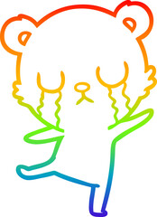 rainbow gradient line drawing crying cartoon bear doing a sad dance