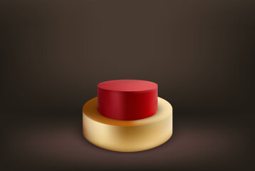 Realistic golden with red step stage, vector podium, pedestal, design element