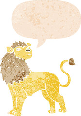 cartoon lion and speech bubble in retro textured style