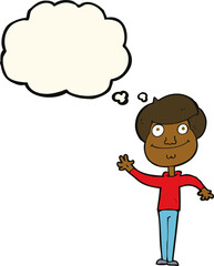 cartoon happy man waving with thought bubble
