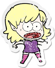 distressed sticker of a cartoon shocked elf girl