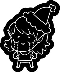cartoon icon of a crying elf girl wearing santa hat