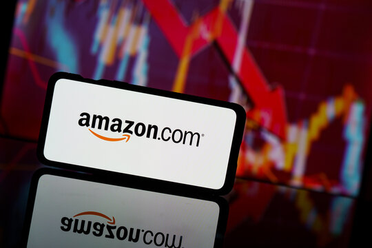 Amazon company shares go down at stock market. Amazon company financial crisis and failure. Economy collapse