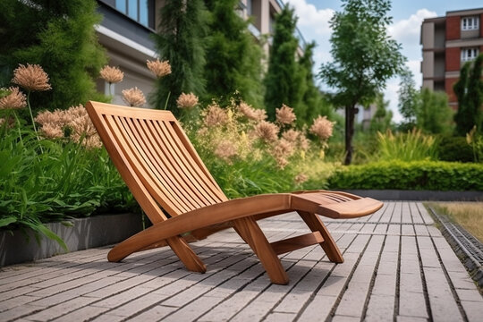 Empty brown wooden deck chair or chaise longue on tile among decorative grass and flowers in recreation area. Garden landscape with chairs in city park. Created with Generative AI