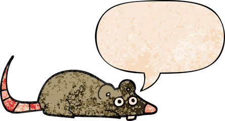 cartoon mouse and speech bubble in retro texture style