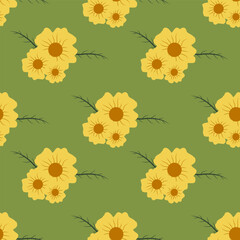 Seamless yellow floral pattern on a green background.