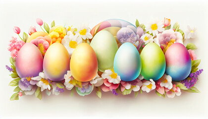 Fototapeta na wymiar Happy Easter banner with a row of colorful Easter eggs and multicolored flowers on a white background