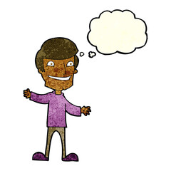 cartoon grinning man with thought bubble