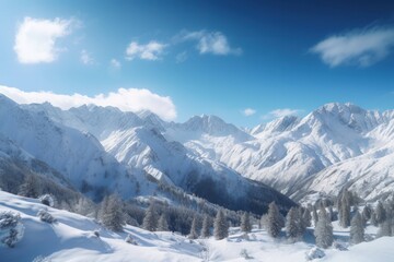 Fototapeta na wymiar Snow-Covered Mountains and Bright Blue Sky in Panoramic Winter Landscape