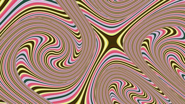 Seamless animation of rainbow kaleidoscope of lines with turbulence. Spherical panorama 360 virtual reality 3D rendering. Equirectangular environment map op art style.