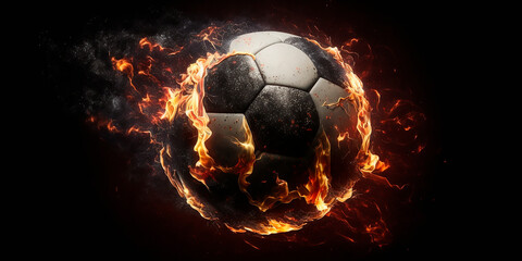 Naklejka premium A soccer ball frying in the air, with a blazing trail of fire in the background, high flight speed and smoke on a black background. Generative AI