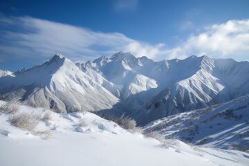 Fototapeta na wymiar Snow-Covered Mountains and Bright Blue Sky in Panoramic Winter Landscape