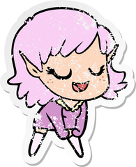 distressed sticker of a happy cartoon elf girl