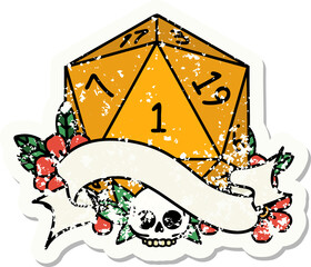 natural one d20 dice roll grunge sticker