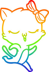 rainbow gradient line drawing cartoon cat with bow on head