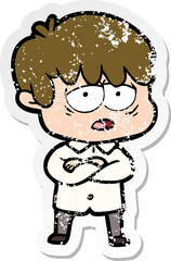 distressed sticker of a cartoon exhausted boy
