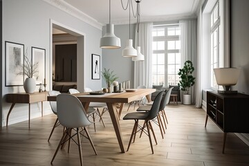 modern dinning room interior with furniture - obrazy, fototapety, plakaty