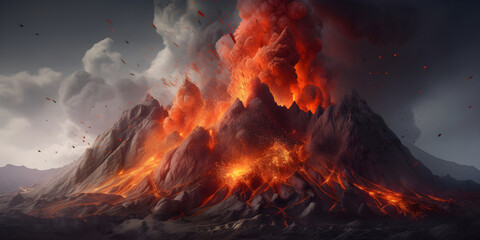 Fototapeta premium Scenic landscape with volcano eruption. Mount with lava and magma. Generative AI