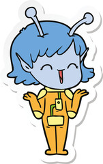 sticker of a cartoon alien girl laughing
