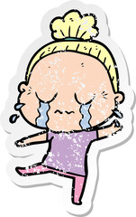distressed sticker of a cartoon crying old lady