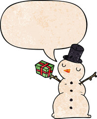 cartoon snowman and speech bubble in retro texture style