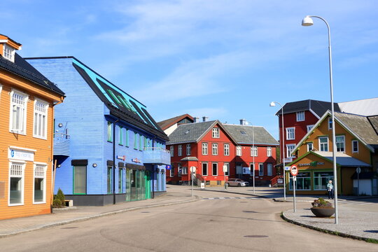 May 30 2022 - Sortland, Vesteralen, Norway: Colourful houses in the town in summer