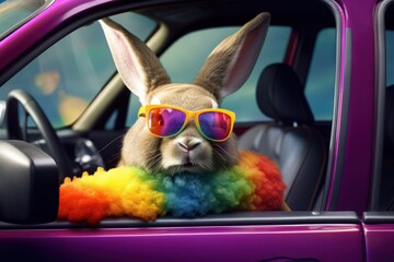 Fototapeta na wymiar Funny Easter Rabbit in Sunglasses with Colorful Eggs in Car