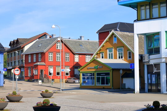 May 30 2022 - Sortland, Vesteralen, Norway: Colourful houses in the town in summer
