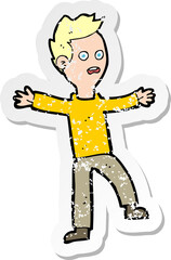 retro distressed sticker of a cartoon startled boy