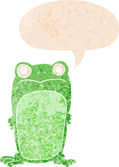 cartoon staring frog and speech bubble in retro textured style