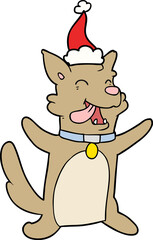 line drawing of a happy dog wearing santa hat