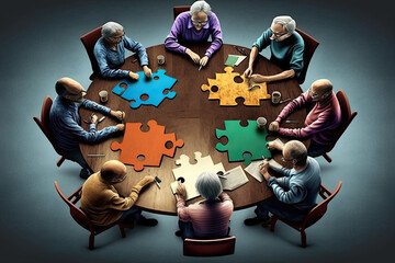 Team working together to solve problems, through discussions and meetings, denoted with solving puzzle pieces via teamwork, cooperation, collaboration, partnership, synergy, brainstorming for ideas